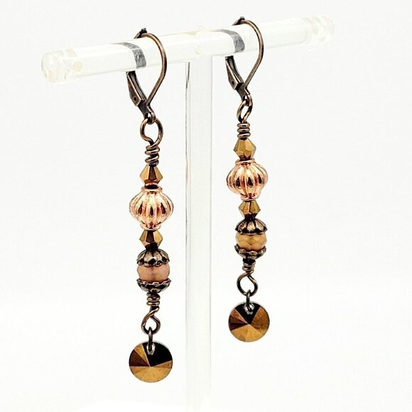 Artisan Handmade Antique Copper Drop Dangle Beaded Earrings Leverback Bohemian - Picture 1 of 3